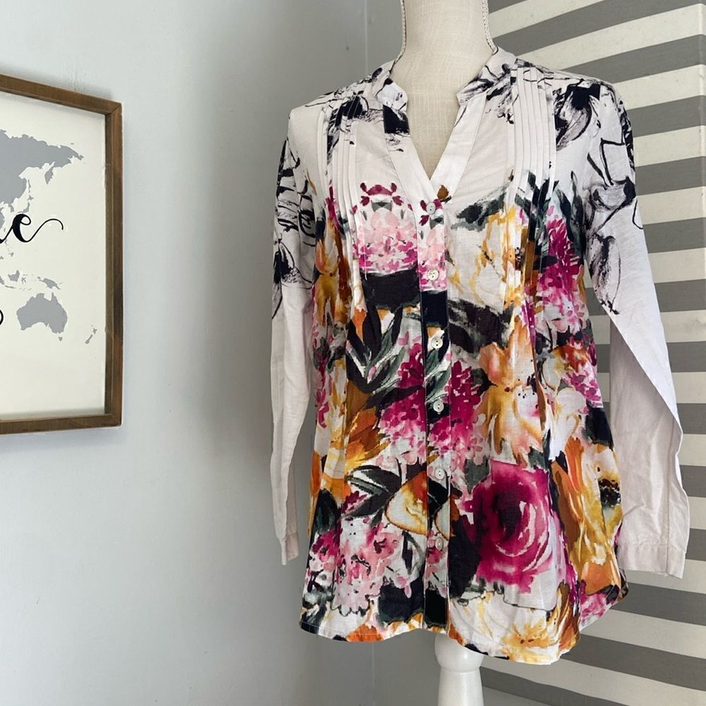 Soft Surroundings Multicolor Floral Lightweight Button Up Tie Back Blouse Sz PXS